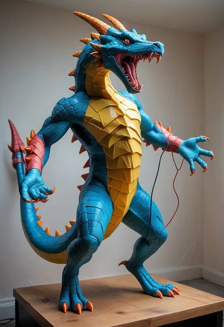 end_tripwire_morph, no humans, spikes, teeth, dragon made out of wire and electrical cables, tail, sharp teeth, claws, open mouth, solo, neon, wires, made of wires, cables, outlined with wires and neon, neon outlines, wire sculpture, neon wire sculpture, PonyXLV6_Scores