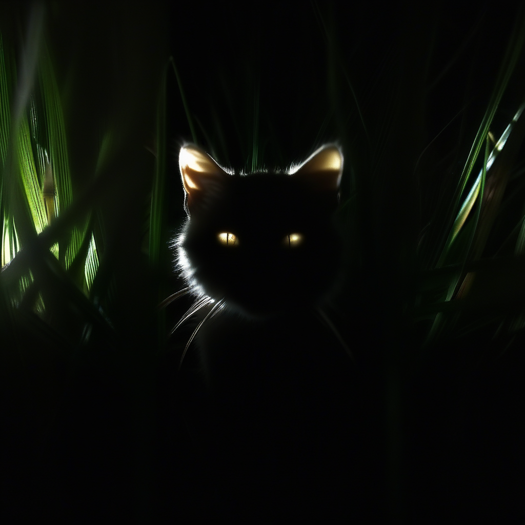 dark-grasshrooms, a closeup photo of a cat head in grass, silhouette, low key, backlit