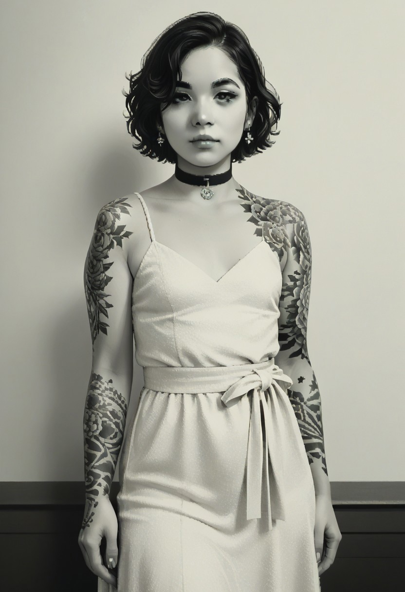 score_9, score_8_up, 
green theme, monochrome, pixel, source_anime, bold lines, flat colors,
very aesthetic, Expressiveh, dudasoares, tattoos, choker, wide hips, small breasts, formal clothes, (chubby:0.3)