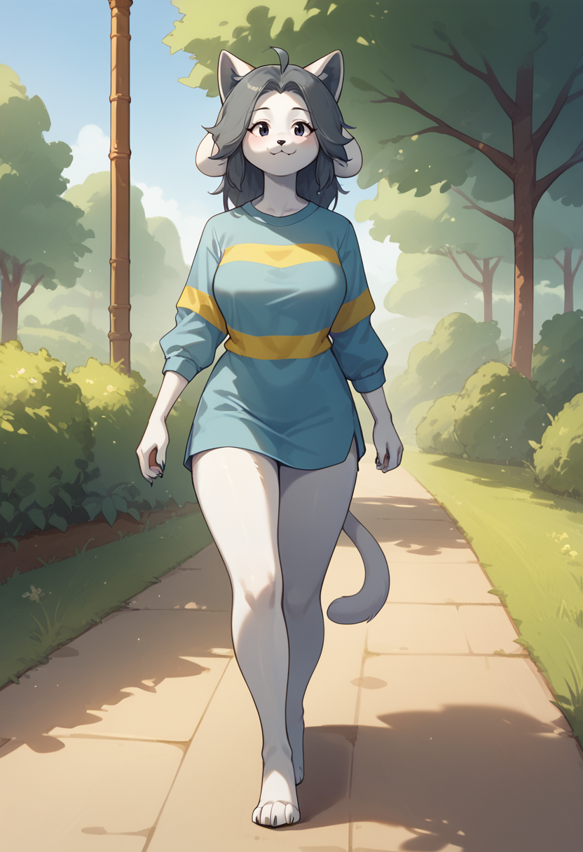 score_9, score_8_up, score_7_up,
((best quality)), absurdres,
<lora:TemmiePXL:1> TemmiePXL, temmieshirt, hourglass figure, anthro, female, 1girl,
full body, walking, meadow,,
<lora:Smooth Anime Style LoRA XL:0.7> Smooth, Anime, <lora:Expressive_H:1> Expressiveh,
