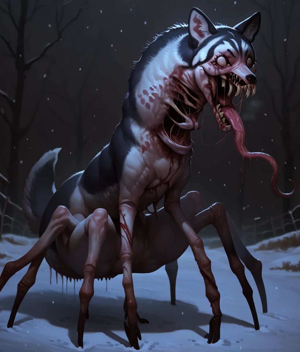Score_9,score_8_up,score_7_up,solo,(siberian husky \(kemono friends\)),(body horror),(long neck),spider,sharp_teeth,screaming,long_tongue,arthropod limbs,exposed bone,tentacles,entrails,deformed,monster,no humans,bleeding,nausea,mucus,gore,full body,(no_humans),outdoors,nandz,snowfield,snowing,night,dark,simple background,horror \(theme\),realistic,<lora:Horror_The_Thing_v2:0.8>,<lora:Style_Concept_Art_DarkSide:0.8>,