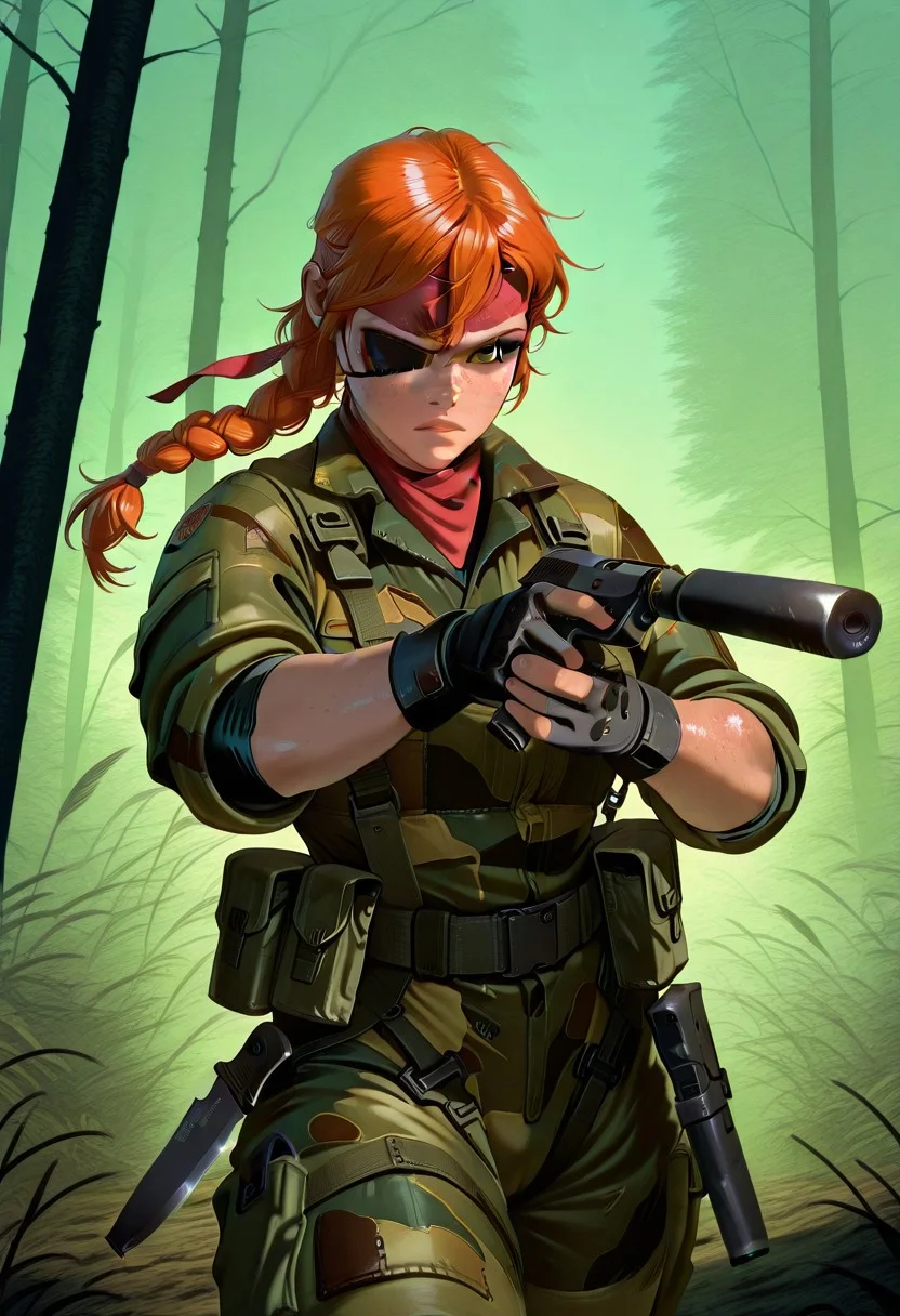 1girl, Jennifer Samantha "Sam" Appleby, orange hair, long hair, braids, green eyes, eyepatch, freckles, green camo suit, bandana, fingerless gloves, pistol x tac knife, holding gun, suppressor, holding pistol and knife, upper body, jngl3, outdoors, nature, masterpiece, best quality, amazing quality,
