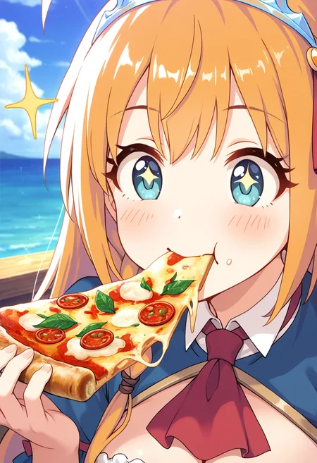 (masterpiece, best quality, high quality, good quality),1girl,pizza,huge pizza,poster \(medium\),ad,seascape,eating,sparkle,pecorine \(princess connect!\),portrait,<lora:Pizza_World_Morph_SDXL:0.5>,