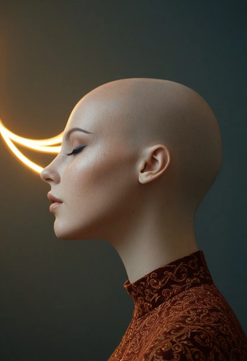 The image is a highly detailed CGI artwork with a surreal, dreamlike aesthetic. It features a close-up portrait of a bald woman in profile, viewed from the side. Her skin is a smooth, light tan color with a subtle sheen, and she has a shaved head covered in fine, light brown freckles. Her face is adorned with striking, closed eyes that are adorned with thick, black eyeliner, creating a dramatic effect. Her lips are slightly parted in a serene expression.
She is wearing a rich, intricately patterned, rust-red garment with swirling, ornate designs that evoke an ancient, mystical feel. The fabric seems to have a soft, velvety texture. 
The artwork’s most striking element is the background, which features a large, glowing, circular object that appears to be an eye or some other luminescent entity, creating a celestial or otherworldly ambiance. The orb casts a warm, soft orange light that contrasts with the cool, muted tones of her skin and the dark background. The background is a deep, dark blue gradient, further emphasizing the ethereal quality of the scene. The overall mood is contemplative and serene, with a touch of mystical, almost ethereal, quality.
