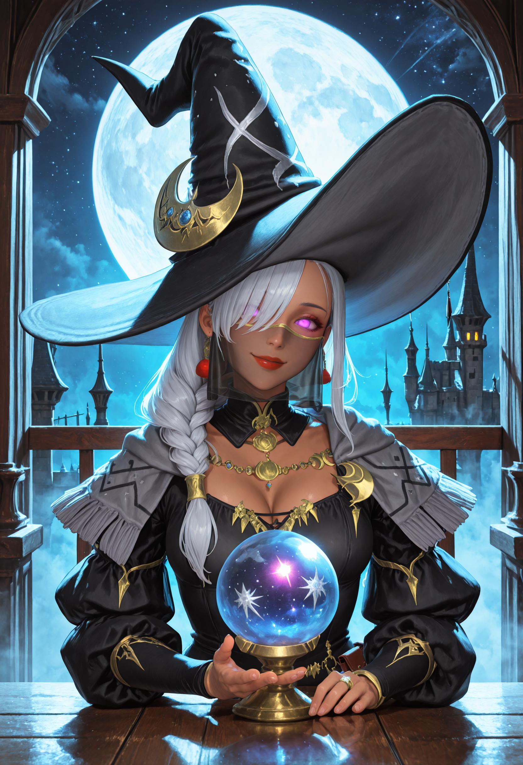 masterpiece, very awa, best quality, amazing quality, very aesthetic, absurdres, newest, intricate details, <lora:cfg_scale_boost:.7>, scenery,  castle, starry sky, night, full moon, sitting, at table, white hair, glowing eyes, purple eyes, no pupils,  dark skin, red lips, long hair, single braid, hair over one eye, hair over shoulder, 
solo, holding crystal ball, pov across table, hand open, arm out, hand rest, head tilt, relaxing,  knowing smile, looking at viewer, wide brim, 
optical vortex, mist, fog, misty, simple background, extremely detailed,   <lora:Welkin_Attire:1> welkin, jewelry, standing, puffy sleeves, welkin robe, welkin hat, capelet,  mouth veil, belt pouch, long sleeves, medium breasts, cleavage, crescent,