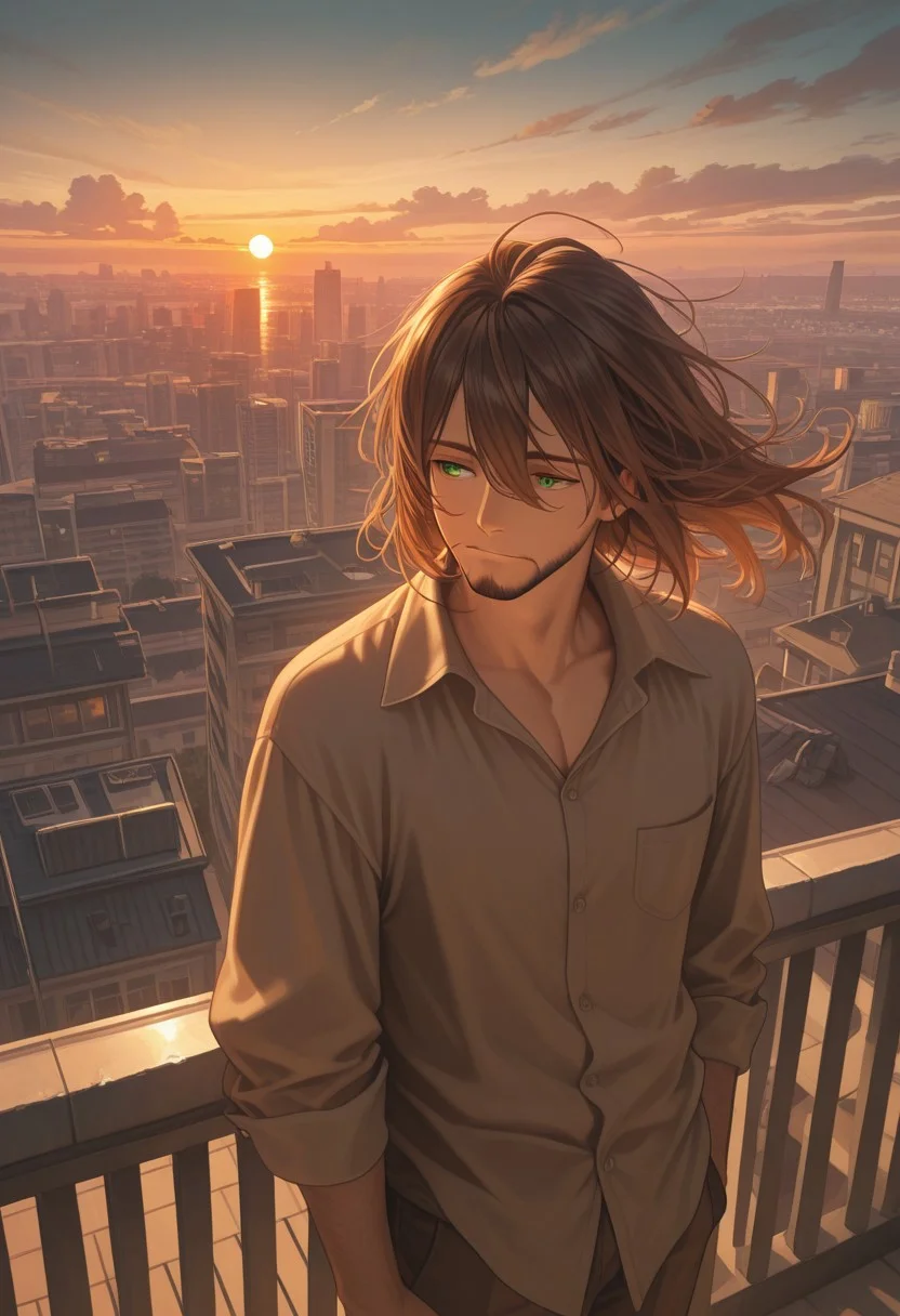 1boy, mbti_infp, mature man, long brown hair, green eyes, standing on rooftop, looking at sunset, city skyline, golden hour, wind, pensive, calm, aesthetic, epic view, highres, masterpiece, best quality