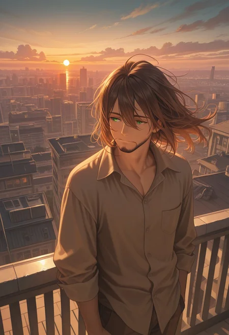 1boy, mbti_infp, mature man, long brown hair, green eyes, standing on rooftop, looking at sunset, city skyline, golden hour, wind, pensive, calm, aesthetic, epic view, highres, masterpiece, best quality