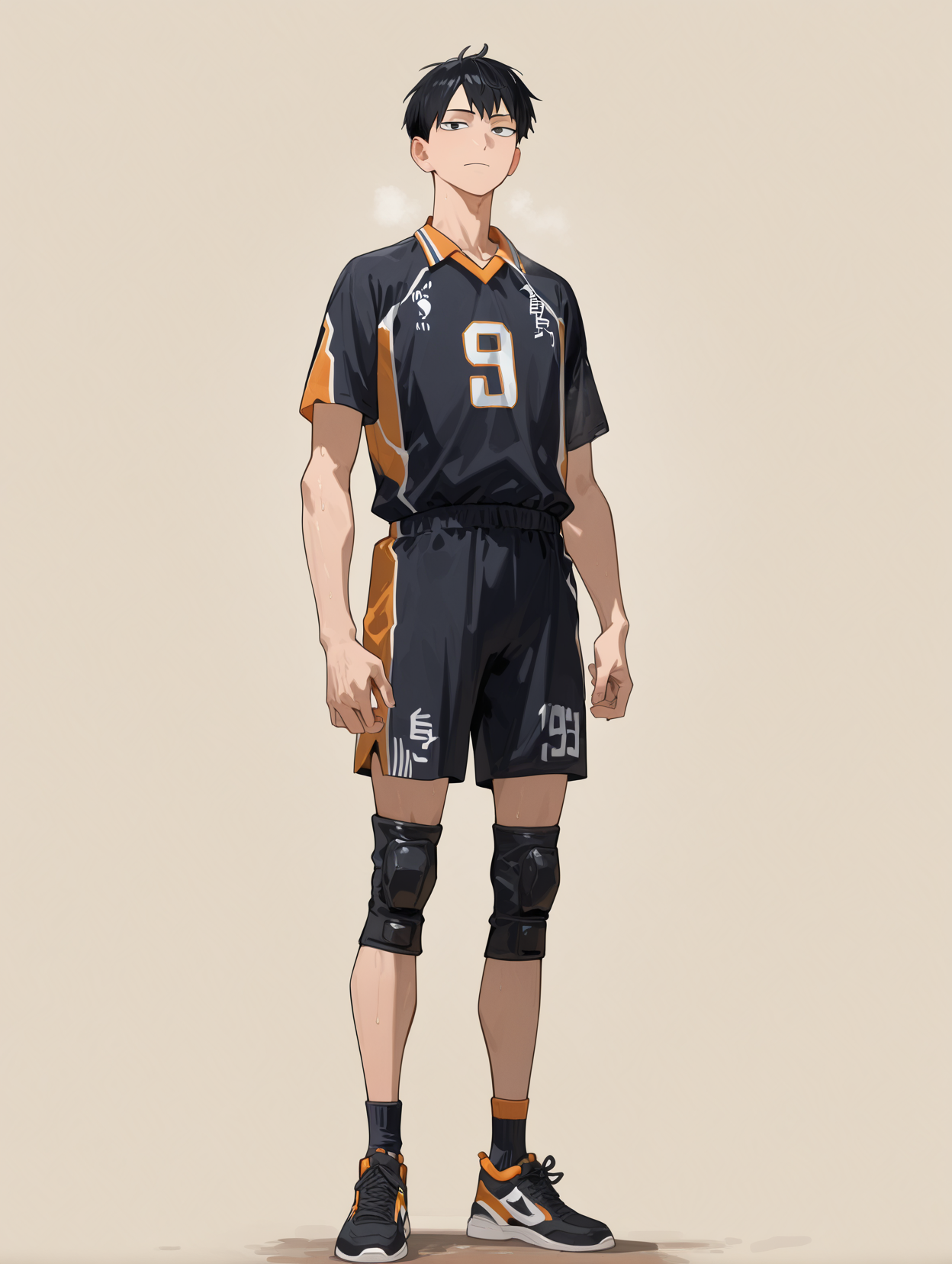 perfect quality,high quality,masterpiece,best quality,amazing quality,very aesthetic,absurdres,newest,
front view,full_shot,Wry smile,
KageyamaTobioCYQL,<lora:KageyamaTobioCYQL:1>,1boy,male focus,solo,black hair,black eyes,volleyball uniform,sportswear,short sleeves,knee pads,shirt,shorts,black shorts,sneakers,shoes,
full body,standing,v_arms,,
brown background,simple background,
EtherStyle,qxys,usnr,748cmstyle,<lora:spo_sdxl_10ep_4k-data_lora_webui:0.6>,<lora:illustrious_all_rated_v1:0.7>,<lora:laser_light_clothes_v0.5-pony:0.5>,<lora:holographiccolor:0.6>,<lora:EtherSDXL:0.8>,