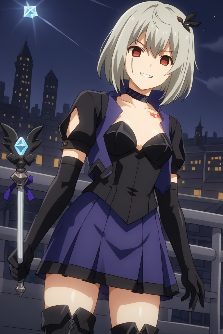 1girl, solo, evilshirleyanime, saorianime, magical girl, dark persona, grey hair, short hair, hair ornament, red eyes, empty eyes, choker, collarbone, tattoo, vest, puffy short sleeves, elbow gloves, black shirt, skirt, thigh boots, high heel boots, holding, wand, holding wand, outdoors, city, night, standing, cowboy shot, evil smile, smirk, grin