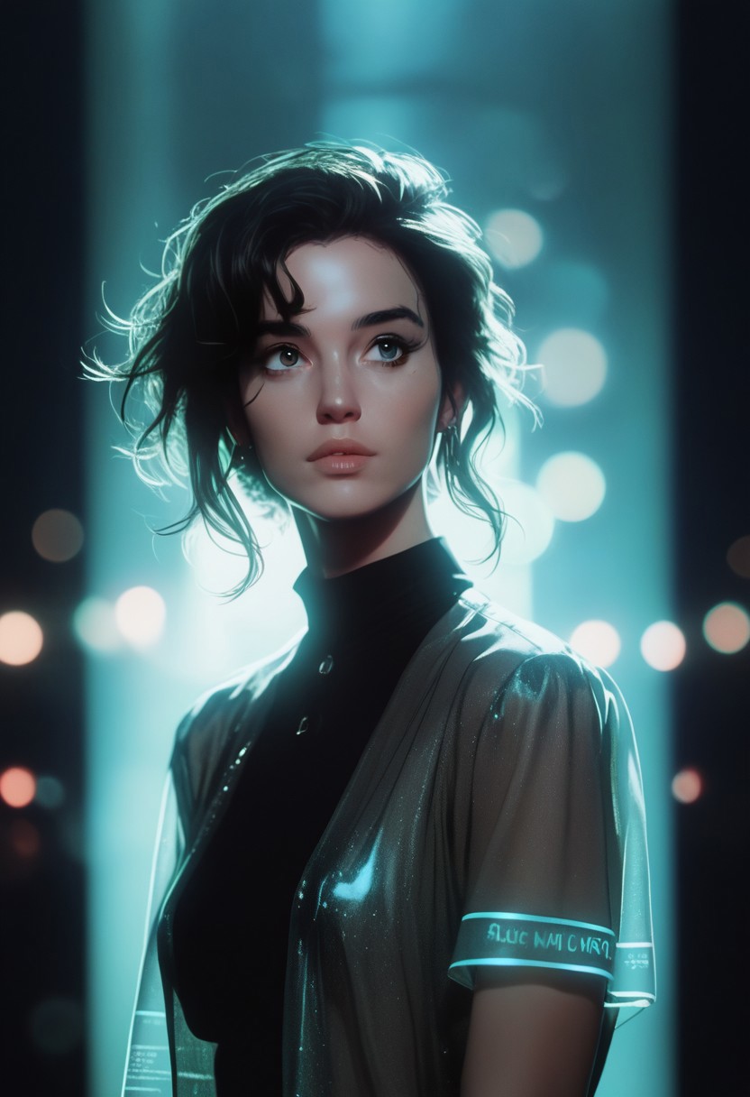 score_9, score_8_up, score_7_up, <lora:Ar3na1989:.55>, ar3na1989, 1girl, dark hair, (hologram), pop singer, (bokeh), sci-fi, dark atmosphere, moody, aesthetic,