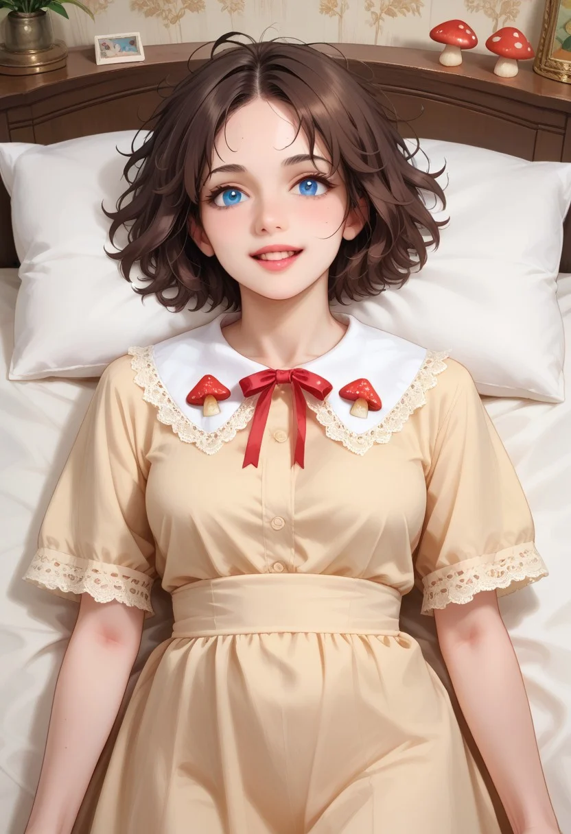 score_9, score_8_up, score_7_up,
masterpiece, best quality, detailed, amazing quality,
detailed background, bedroom, bed, pillows,
detailed eyes, clean eyes,
dynamic pose,
solo, 1woman, woman,
easynegative,
slutty_m3l0dy, pale skin, short hair, blue eyes, dark brown hair, messy hair, curvy, happy,
cute dress, decorative_collar, pointed_collar, embroidery, bow, ribbon, lace, mushroom, forest motifs