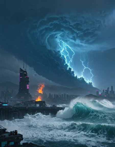 <lora:Space_Worlds_01__Poetic_xl:1> sw01p_xl, cyberpunk giant waves, lots of wind, fire storm,