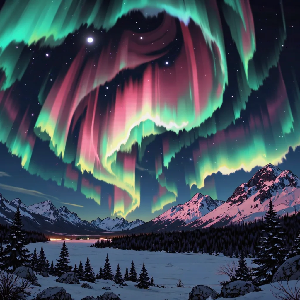 in the style of cksc, The Aurora Borealis, also known as the Northern Lights, is a mesmerizing natural wonder that illuminates the night sky in a symphony of colors. A dynamic dance of green, blue, and pink hues, it creates an ethereal atmosphere that takes one's breath away. Swirling and shimmering like an otherworldly veil, this celestial spectacle seems to pulse and undulate, as if guided by some mystical force. It is a sight so captivating that one could stand in awe for hours on end, lost in its transcendent beauty. The Aurora Borealis is truly a masterpiece of nature, an enchanting spectacle that leaves all who witness it in wonder and amazement. <lora:ck-shadow-circuit-000021:1>