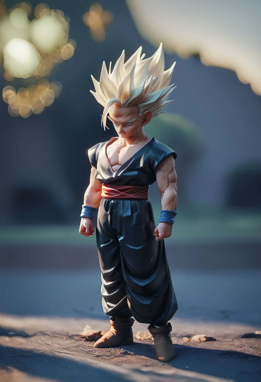 (Score_9, score_8_up, score_7_up:1.7),(middlebody:1.0), (Ssj2,Purpleclothes:1.0),( in forest background:1.0),(diminute, toy),detailed face, detailed eyes