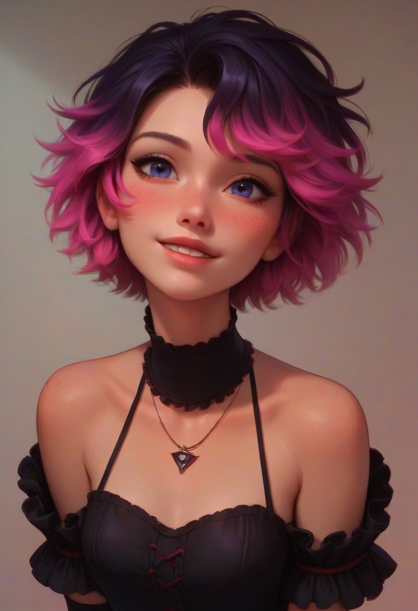 score_9, score_8_up, score_7_up, score_6_up, Roxy Spaulding, 1girl, 18 years old, perfect face, cute, petite, cute face, detailed background, cozy interior background, medium distance, dynamic pose,
multicolored hair, black hair, purple hair, pink hair, short hair, black choker, necklace, black dress, frilled dress, bare shoulders, short sleeves, arm warmers, 
black clothes, pink clothes, 90s fashion,
blush, shy smile, detailed face,