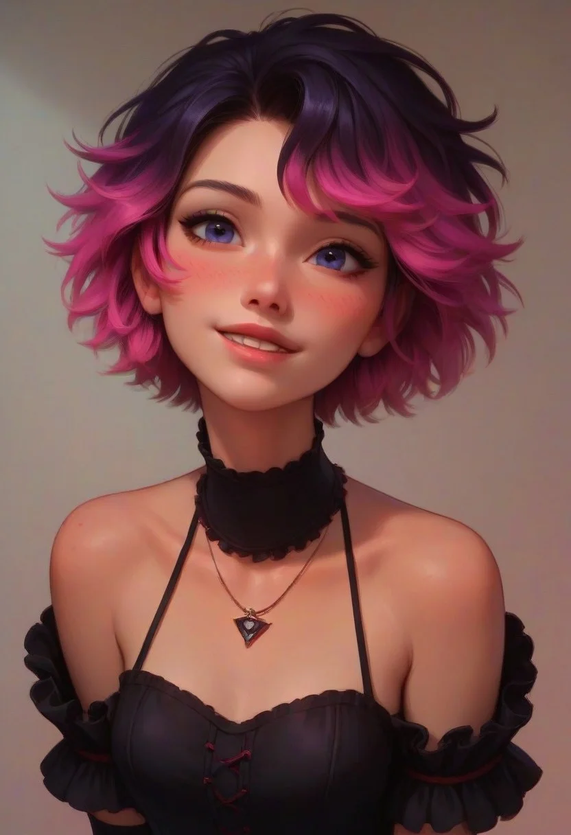 score_9, score_8_up, score_7_up, score_6_up, Roxy Spaulding, 1girl, 18 years old, perfect face, cute, petite, cute face, detailed background, cozy interior background, medium distance, dynamic pose,
multicolored hair, black hair, purple hair, pink hair, short hair, black choker, necklace, black dress, frilled dress, bare shoulders, short sleeves, arm warmers,
black clothes, pink clothes, 90s fashion,
blush, shy smile, detailed face,