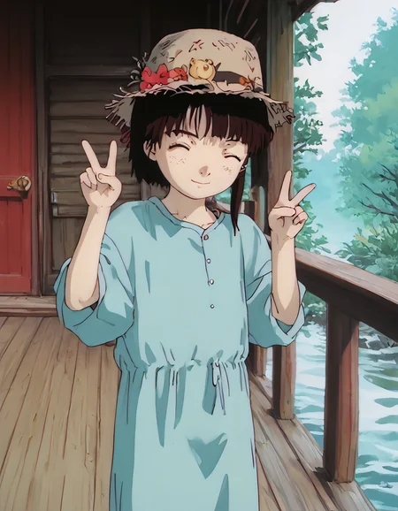 score_9,score_8_up,score_7_up, cartoon_source, petite cute girl in wooden bridge, bare feet, freckles, black hair, pale skin, straw hat, closed eyes, cute smile, double v fingers, side ponytail, solo, cute, <lora:gh1bl1XLP:1> gh1bl1, small breasts,lain iwakura,iwakura_lain, lain,iwakura