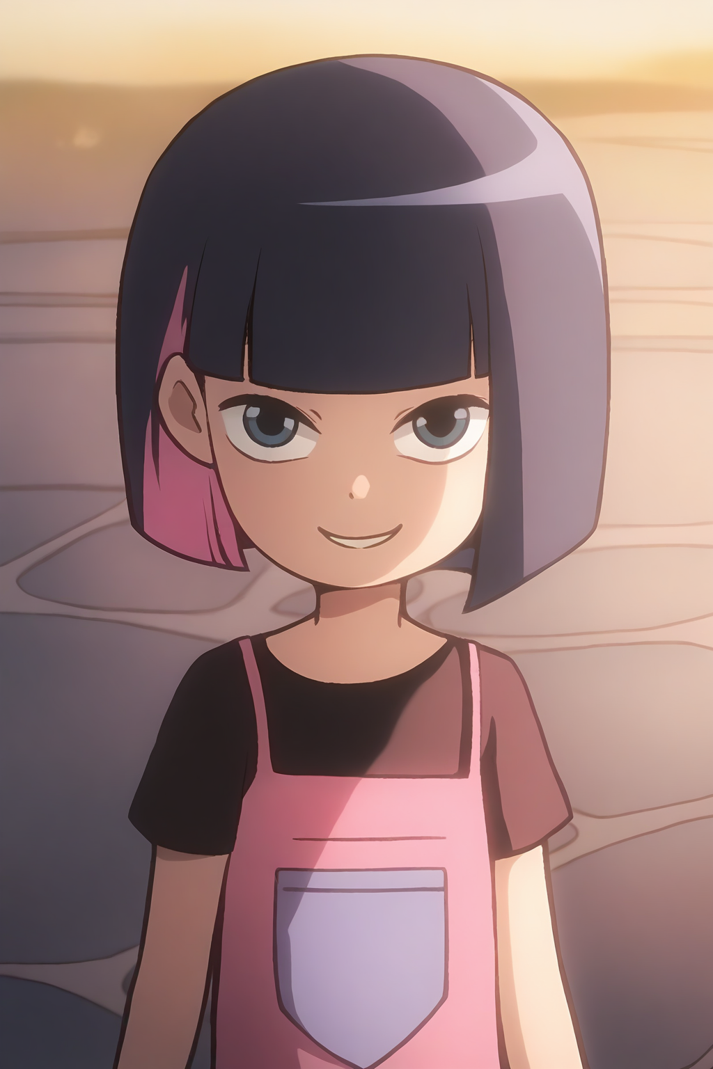 <lora:kele:1>,kele,1girl,solo,black eyes,blue eyes,short hair,two-tone hair,black hair,pink hair,colored inner hair,bob cut,blunt bangs,shirt,t-shirt,black shirt,pink shirt,short sleeves,smile,looking at viewer,, masterpiece,best quality,amazing quality,absurdres, anime screenshot, lazypos ,