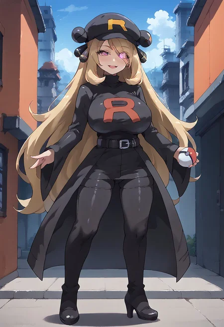 Score_9, Score_8_up, Score_7_up, Score_6_up, BREAK source_anime, 1girl, full body, high resolution, pokemon city background, hourglass figure, huge breasts, perky tits, blush, detailed face, submissive, swaying hips, happy, TMRckt, team rocket uniform, , black clothes, black coat, , black pants, black high heels, cameltoe, pink eyes, glowing eyes, holding a pokeball, pokeball in hand, pokeball, pleasure, looking at viewer, blissful smile, relaxed, elbow gloves, thigh highs, leather choker, [half-closed eyes], belt collar, belt, pokeball on belt, zzCynthia, solo, 1girl,  blonde, long hair,  dynamic pose, garchomp companion, 1 pokemon in the background, garchomp, pokemon (creature)