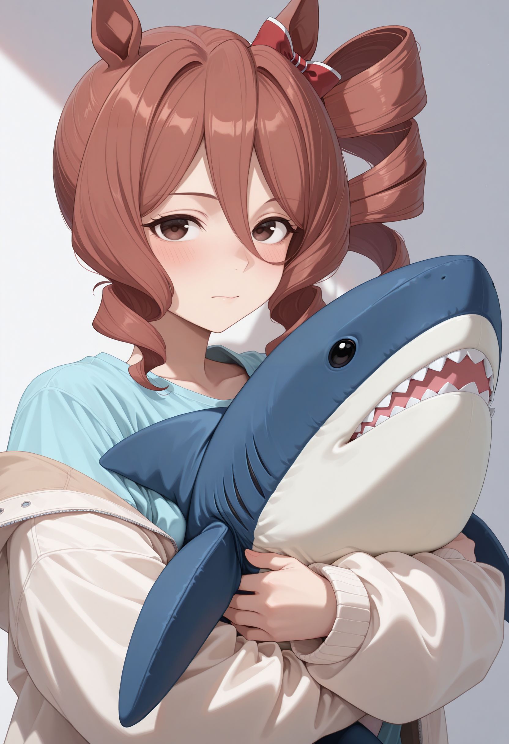 masterpiece, best quality, amazing quality, very awa,absurdres,newest,very aesthetic, looking at viewer, 
  <lora:Norn Ace illu:1> 1girl, brown hair, drill hair, side ponytail, brown eyes, animal ears, horse girl,horse tail,  hair bow, red bow, 
white jacket, stuffed shark, stuffed animal, blush, hugging object, long sleeves, closed mouth, upper body, hair ribbon, blue shirt, looking at viewer, white ribbon, sidelocks, open clothes, open jacket, white background