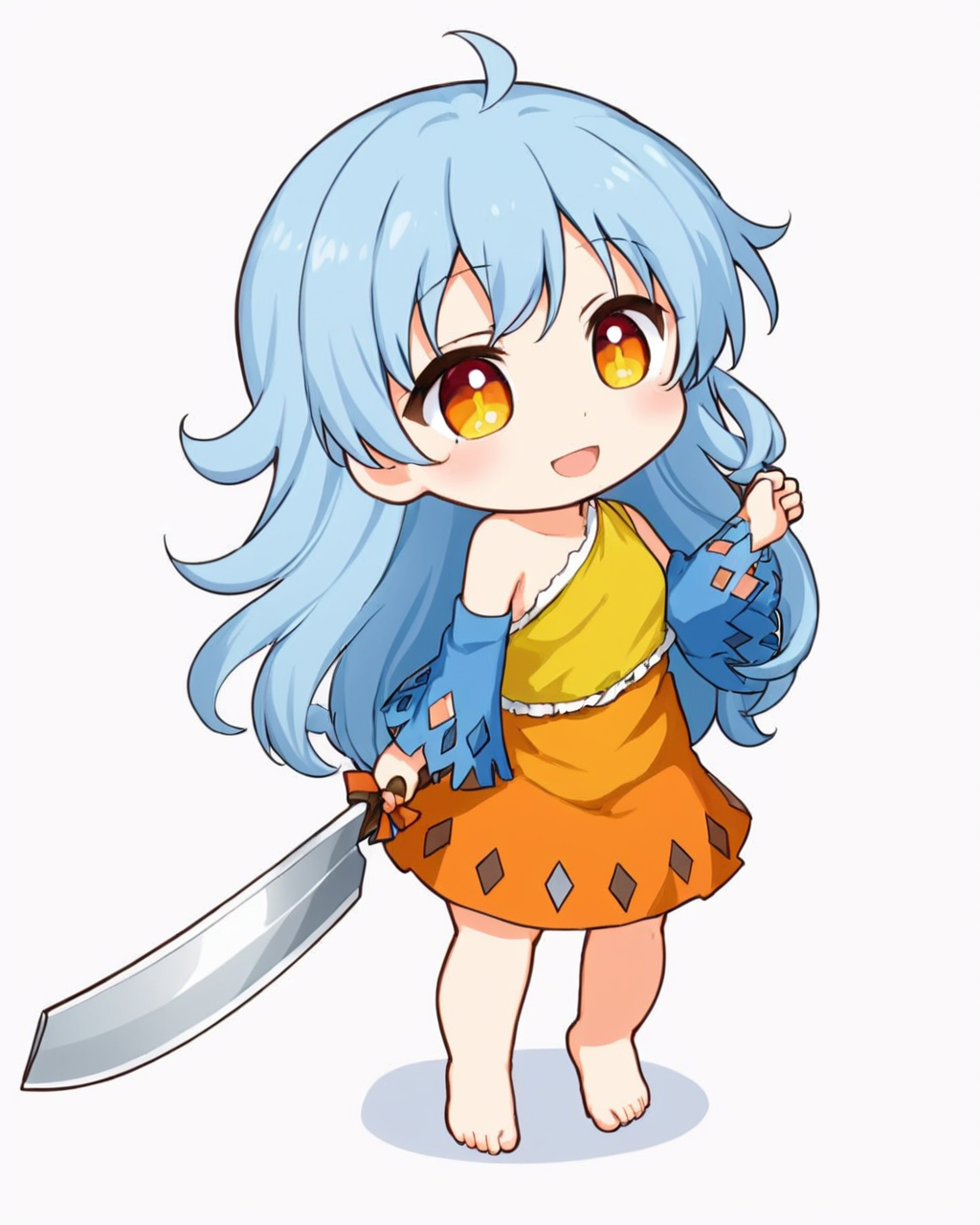 sakata nemuno,1girl, solo, nata_\(tool\), open_mouth, full_body, white_background, detached_sleeves, single_strap, fang, smile, orange_dress, simple_background, barefoot, holding, blue_sleeves, one-hour_drawing_challenge, multicolored_dress, standing, chibi, cleaver, bare_shoulders, looking_at_viewer, yellow_dress
<lora:sakata_nemuno_image573_2023-12-20-000015:1>,star-shaped_pupils,symbol-shaped_pupils,. gorgeous,key visual, vibrant, studio anime,award-winning, professional, highly detailed,high budget, cinemascope