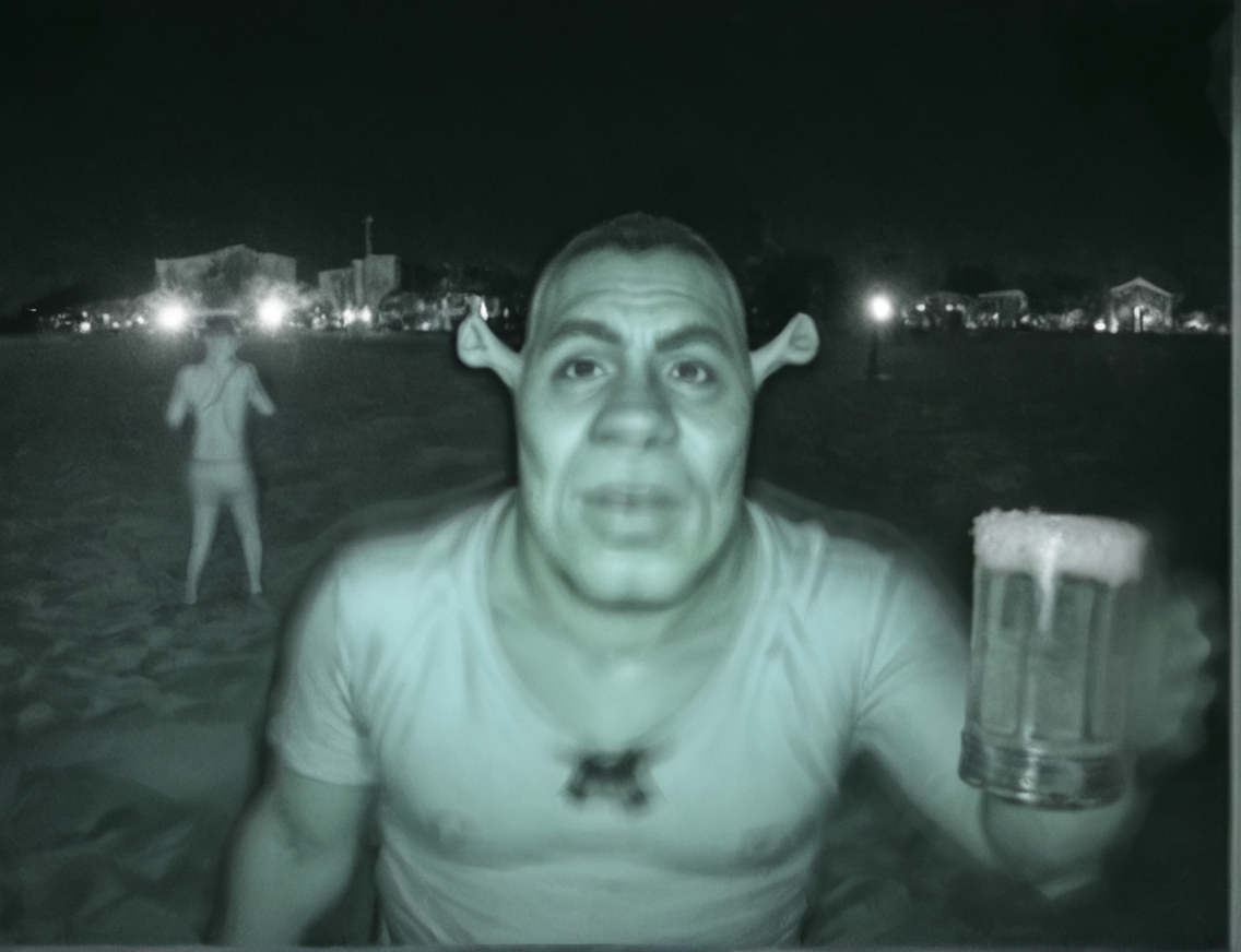 score_9, score_8_up, score_7_up, shrek drinking beer, look at viewer, beach, cctv, night, overexposure,dark,motion blur,blurry background,grayscale,low quality,photo <lora:CCTV:0.8>  <lora:Shrek_XLPD:0.8>
