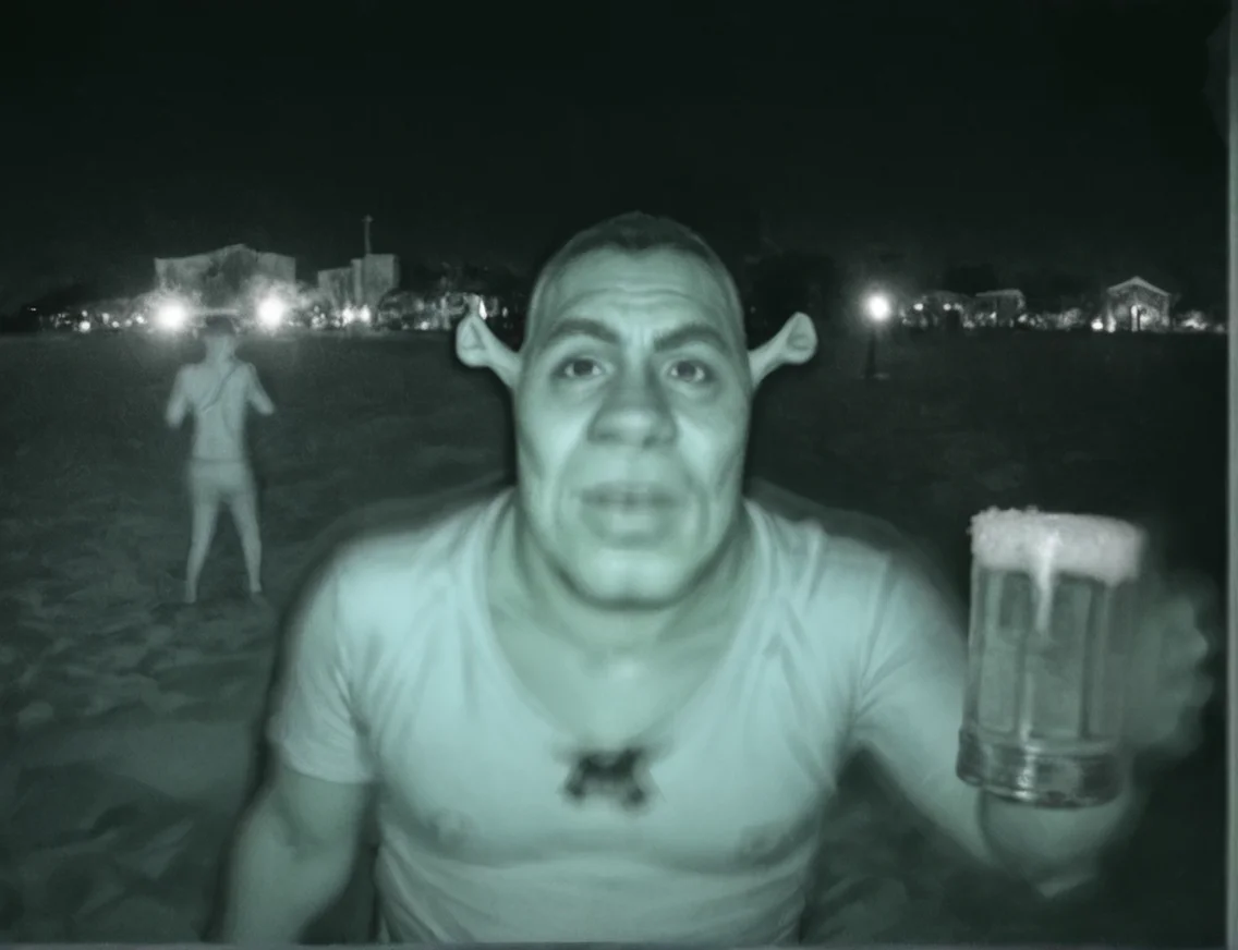 score_9, score_8_up, score_7_up, shrek drinking beer, look at viewer, beach, cctv, night, overexposure,dark,motion blur,blurry background,grayscale,low quality,photo <lora:CCTV:0.8> <lora:Shrek_XLPD:0.8>