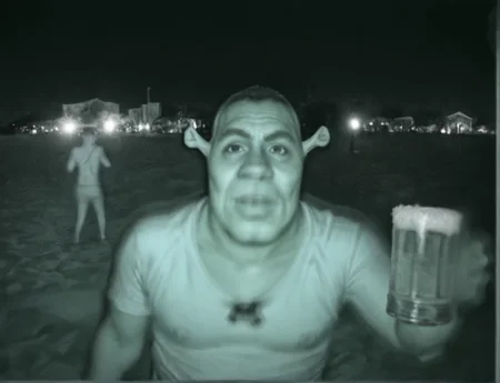 score_9, score_8_up, score_7_up, shrek drinking beer, look at viewer, beach, cctv, night, overexposure,dark,motion blur,blurry background,grayscale,low quality,photo <lora:CCTV:0.8> <lora:Shrek_XLPD:0.8>