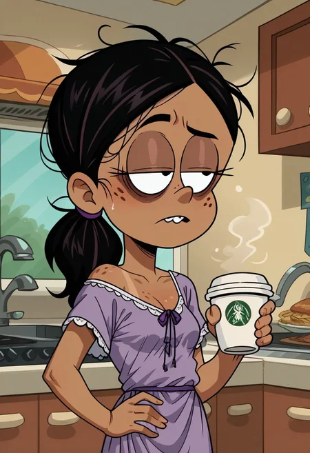 score_9, score_8_up, score_7_up, score_6_up, 1girl,solo,best quality,4k,
dark tan skin, black hair, hair down, messy hair, freckles on her cheeks, two buck teeth,show accurate, perfect anatomy, four fingers,
 indoors, kitchen background, show accurate, perfect anatomy, perfect hands, wear only purple nightgown, loose clothes, one hand holding cup of coffee, one hand on hip, perfect hands, bags under eyes, sleepy eyes, loose clothes, eyes half close, small breast,