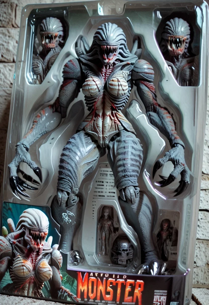score_9, score_8_up, score_8, toy packaging, action figure, 1girl, solo, eyeless, colored skin, gray skin, claws, breasts, monster, monster girl, teeth, sharp teeth, black teeth, extra arms