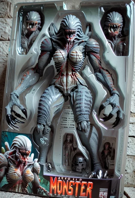 score_9, score_8_up, score_8, toy packaging, action figure, 1girl, solo, eyeless, colored skin, gray skin, claws, breasts, monster, monster girl, teeth, sharp teeth, black teeth, extra arms