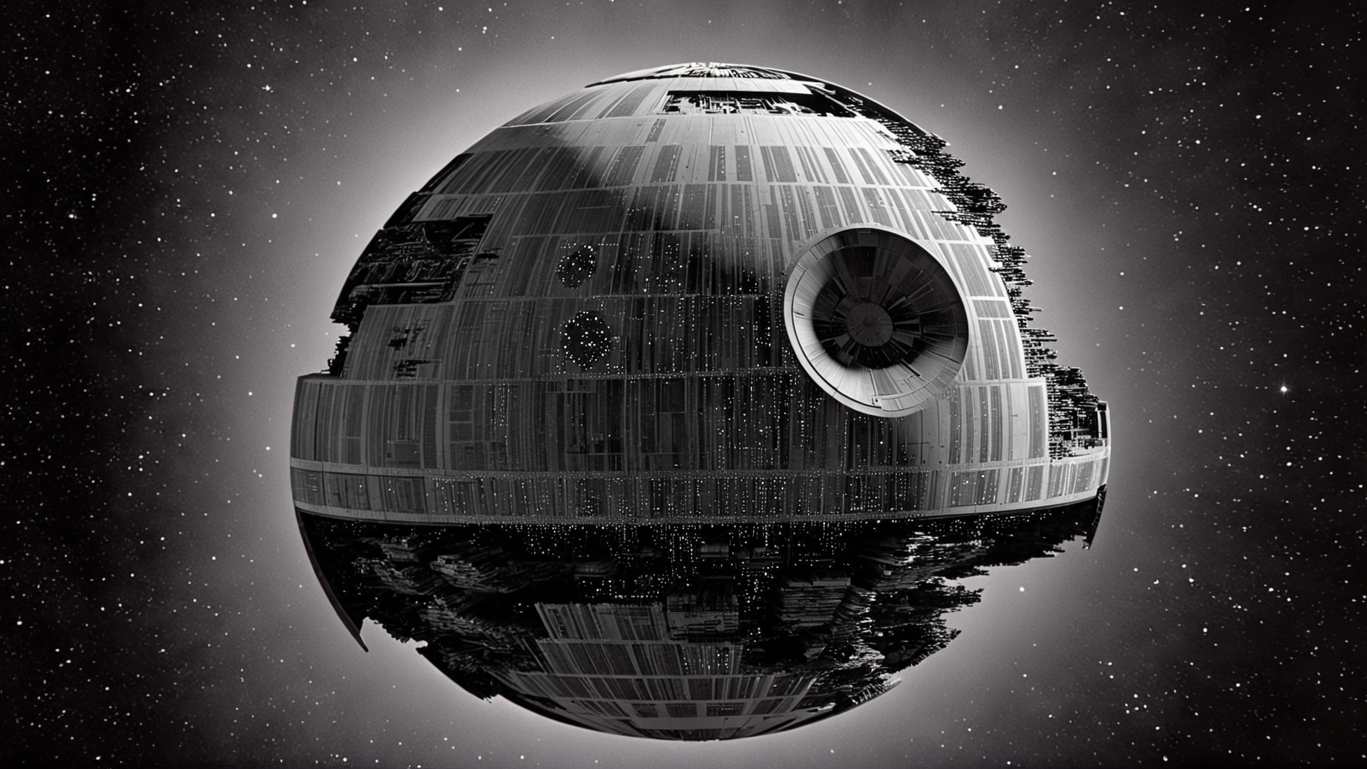 cinematic film still of  <lora:star wars style:0.2>
<lora:detailed:0.4> detailed
<lora:perfection style:0.4> perfect
<lora:PerfectEyesXL:0.5>
 <lora:Chiaroscuro Lighting Style:0.3>
 <lora:Death Star II:0.9>
Death Star II a black and white schematic poster with a circular design,in star wars style,monochrome,greyscale,no humans,copyright name,gears, shallow depth of field, vignette, highly detailed, high budget, bokeh, cinemascope, moody, epic, gorgeous, film grain, grainy