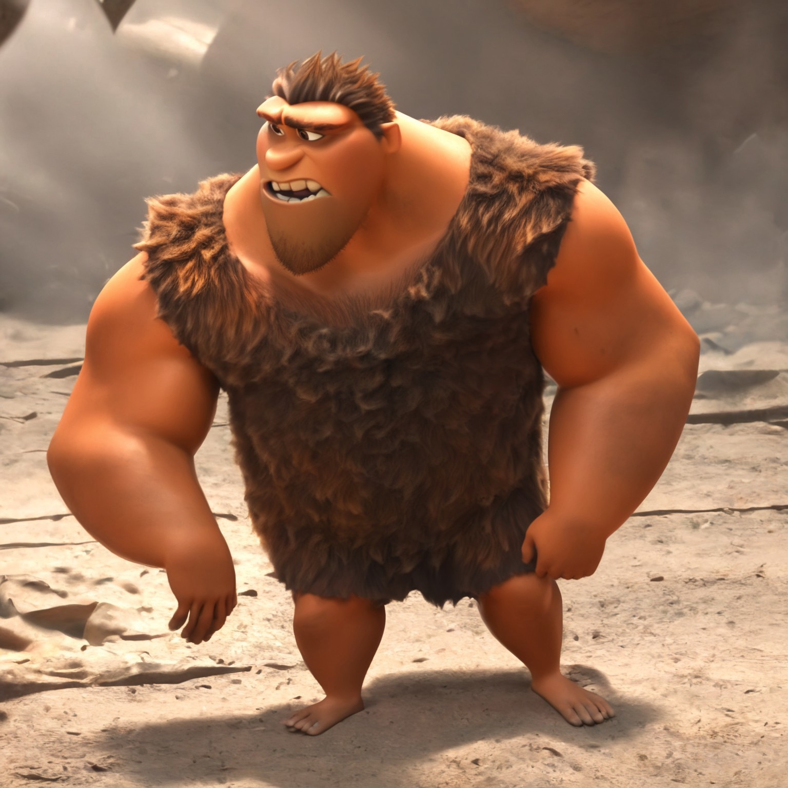 Grug, 1boy, short hair, facial hair, bara, musuclar, thick eyebrows, chest hair, brown hair, stubble, pectorals, brown eyes, arm hair, leg hair, sleeveless, tattered tunic, furry top, brown fur, caveman, broad shoulders,
