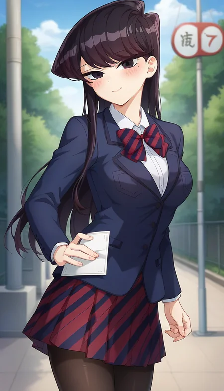 score_9,score_8_up,score_7_up,score_6_up BREAK official art,solo,outdoors,cowboy shot,looking at viewer,facing viewer,smile,blush,Komi Shouko,long hair,black hair,sidelocks,swept bangs,black eyes,school uniform,blue jacket,blazer,collared shirt,white shirt,red bowtie,striped bowtie,diagonal-striped bow,medium breasts,skindentation,long sleeves,red skirt,pleated skirt,striped skirt,black pantyhose,loafers,<lora:Komi Shouko(kcc)-Pony:1.2>,