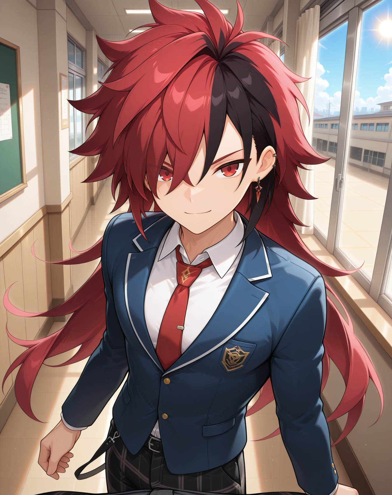 masterpiece,best quality,amazing quality, newest, very aesthetic, absurdres,
1boy, solo, yaoi, male focus, looking at viewer, cowboy shot,
<lora:Elsword_Immortal_ilxl:1> elswordim, red eyes, multicolored hair, red hair, two-tone hair, black hair, long hair, streaked hair, hair over one eye,
school uniform, white shirt, collared shirt, blue jacket, red necktie, black pants, plaid pants,
indoors, school, hallway, window, day, sun,