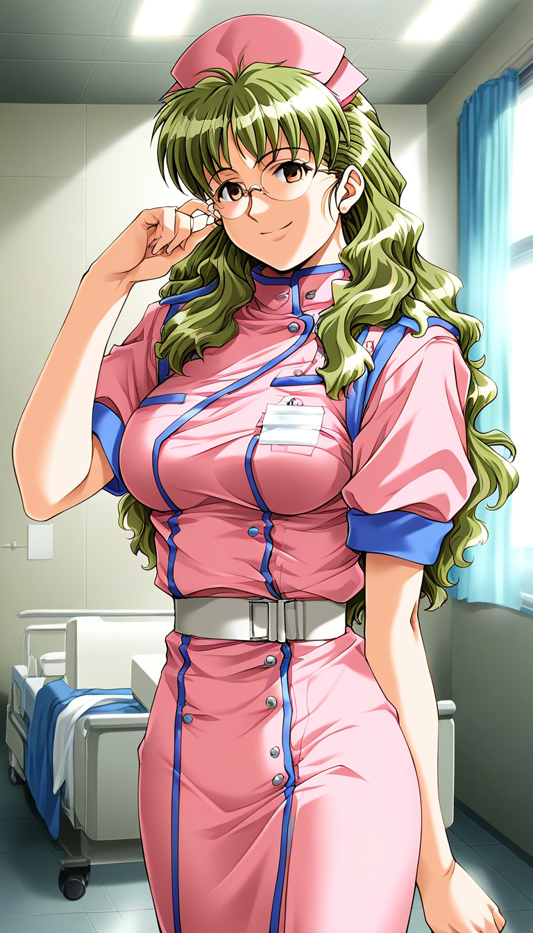 score_9, score_8_up, score_7_up, source_anime, rating_explicit, BREAK  <lora:Akimoto_Aoi_XL:1> Akimoto_Aoi, glasses, long hair, light green hair, brown eyes, breasts,
Akimoto_Aoi, 1girl, solo, nurse, hat, nurse cap, uniform, smile, belt, indoors, looking at viewer,
hospital, room,