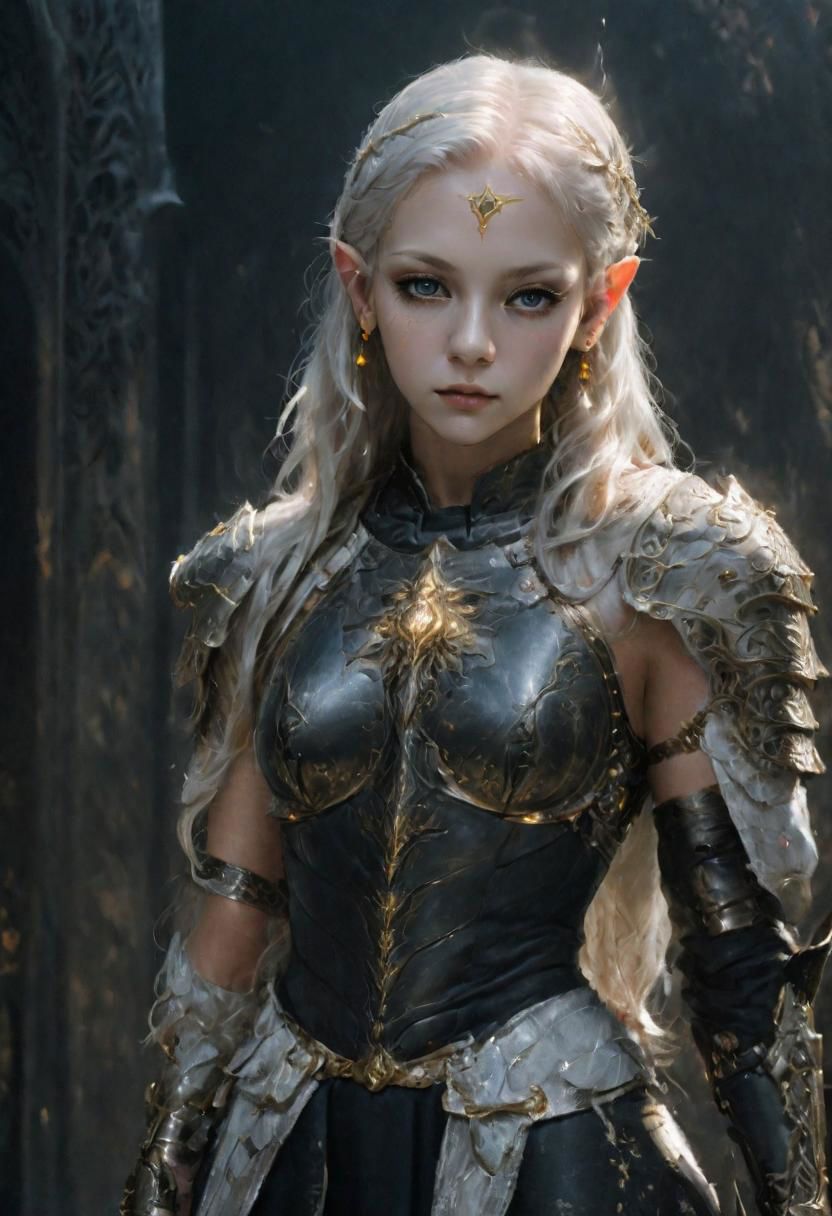 analog film photograph of the high queen, an elf female of unearthly beauty, very long straight white hair, very pale pink skin, light grey eyes, (natural ears:1.2)
mysterious smirking expression, looking down at the viewer, wearing (intricately decorated Milanese black (full cuirass) plate armor:1.4), intricately decorated with a damask, gold inlay, (brandishing a glowing sword pointed at the viewer:1.9),
elf queen, full body shot,
1girl, GLOWING STYLE