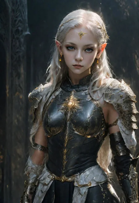 analog film photograph of the high queen, an elf female of unearthly beauty, very long straight white hair, very pale pink skin, light grey eyes, (natural ears:1.2)
mysterious smirking expression, looking down at the viewer, wearing (intricately decorated Milanese black (full cuirass) plate armor:1.4), intricately decorated with a damask, gold inlay, (brandishing a glowing sword pointed at the viewer:1.9),
elf queen, full body shot,
1girl, GLOWING STYLE