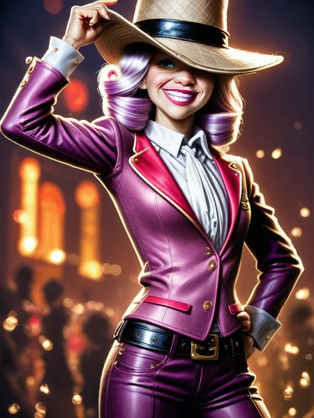 photo 1 proud gunslinger red-headed woman, smiling, looking at viewer, brown leather jacket rugged victorian fashion clothing and cowboy hat, leather cartridge belt, standing, belt buckle, (crimson velvet jacquard vest:1.2), curly, sideview, bar tea shop, western movie parody, bpe-pro