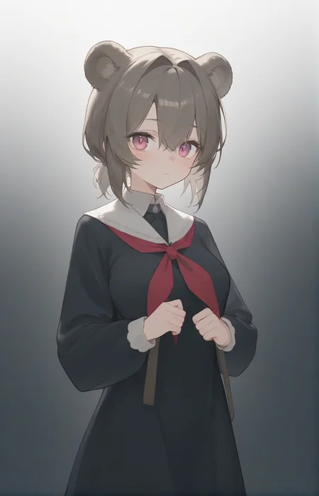 score_9,score_8_up,score_7_up,1girl,solo,light_blush,
<lora:Abstinthe-Pony-07:0.8>,
abstinthe-base,animal ears,bear ears,pink eyes,short hair,brown hair,grey hair,bear girl,hair between eyes,short ponytail,large breasts,long sidelocks,
black dress,black footwear,boots,dress,hair between eyes,hair intakes,long sleeves,neckerchief,official alternate costume,red neckerchief,white socks,white collar,
simple background,standing,hand on own chest,