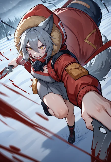 masterpiece, best quality, newest, absurdres, highres, 1girl, ProRedSwm, wolf ears, grey hair, hair between eyes, wolf tail, yellow eyes, wolf girl, <lora:ProjektRed_illusXLNoobAI_Incrs_v1:1>,
mask around neck, fur-trimmed hood, hood up, hooded jacket, duffel bag, fur trim, red jacket, open clothes, open jacket, red coat, red shirt, grey shirt, backpack, pouch, grey dress, long sleeves, tachi-e, cross-laced footwear, lace-up boots, black footwear, winter, snow, outdoors, dynamic pose, dual wielding, holding knife, reverse grip, foreshortening, angry, dutch angle, reaching towards viewer, blood, leaning forward, fighting stance, battle, motion lines, motion blur, swinging, swing, blood on clothes, blood on face, blood on knife, blood splatter,