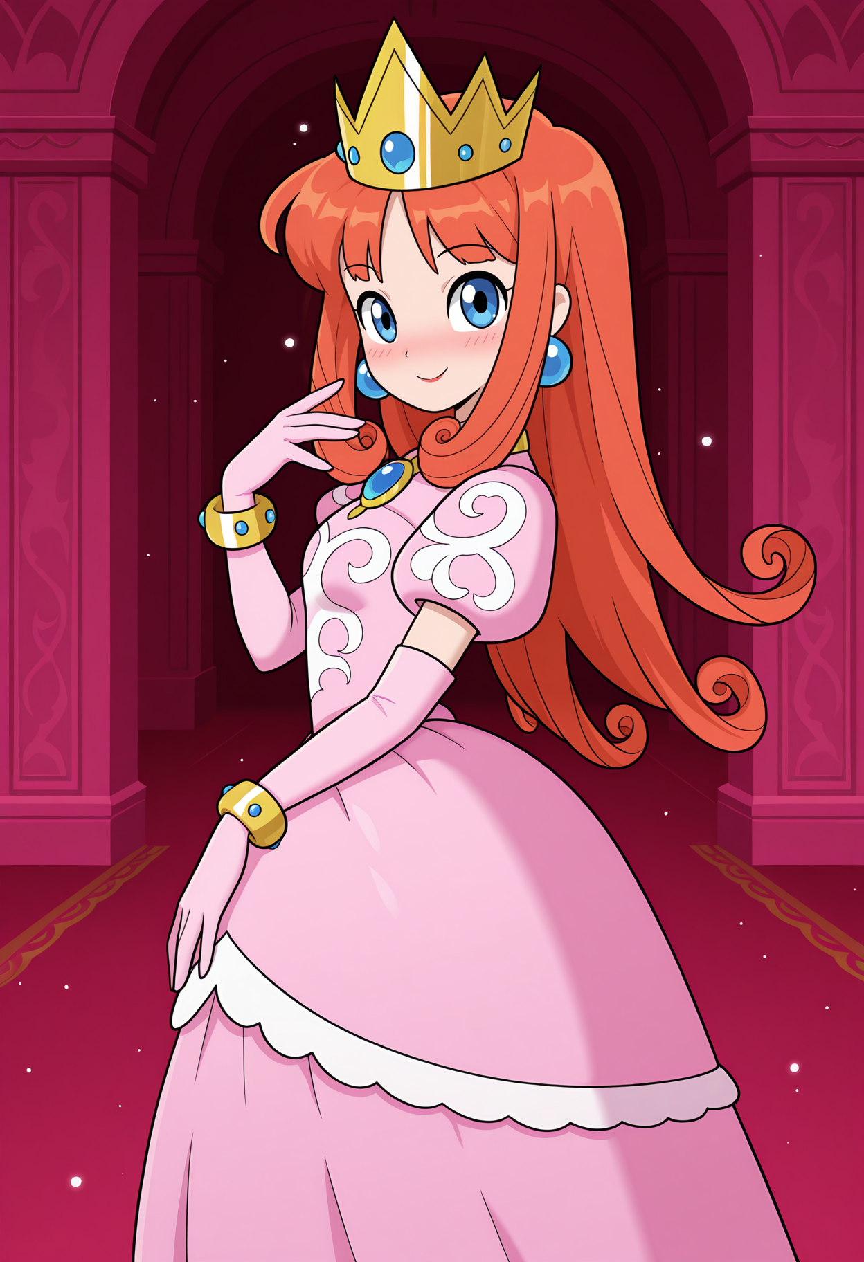 highres, best quality, masterpiece,
indoors, light particles, 
style parody, toon \(style\),
1girl, solo,
wlshkdef, long hair, red hair, orange hair, curly hair, blue eyes, earrings, crown, princess, pink dress, brooch, puffy short sleeves, print dress, elbow gloves, pink gloves, bracelet,
looking at viewer, blush, smile,
bent back, from side, hand up, standing,
<lora:_princess_shokora-elesico-ilxlA:1>