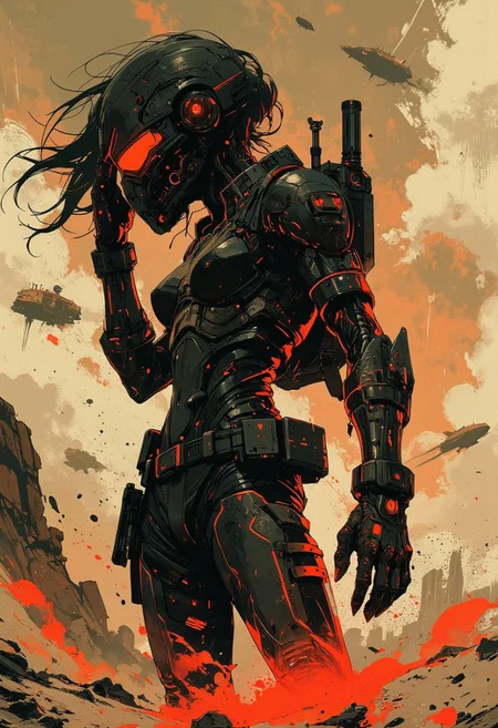 in the style of ck-mgs, nistyle, Inkplash art on rice paper, sepia, henna, Silhouette Art, magnificent, inksplash, closeup portrait, female bounty hunter, flowing black hair, reflective black and neon red armor, futuristic armor, a rifle strapped to her back, holstered pistol, holding hand up to block dust flying in her eyes, abstract background suggesting a harsh desert world, Spaceships flying overhead, dust storm, windy, 
Cowboy Shot, close up,