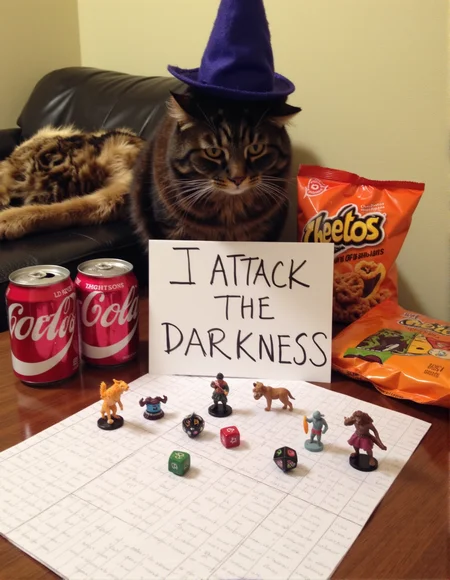 sh4m3, a high resolution photo of a cat with a sign in front of it that says: "I attack the darkness" <lora:Meme_soph-CatShame-FLUX:1>. The cat is wearing a wizard hat and has been playing dungeons and dragons with a dm screen and small polyhedron dice. Tiny figurines stand on grid paper. Cans of soda and bags of cheetos are on the table.