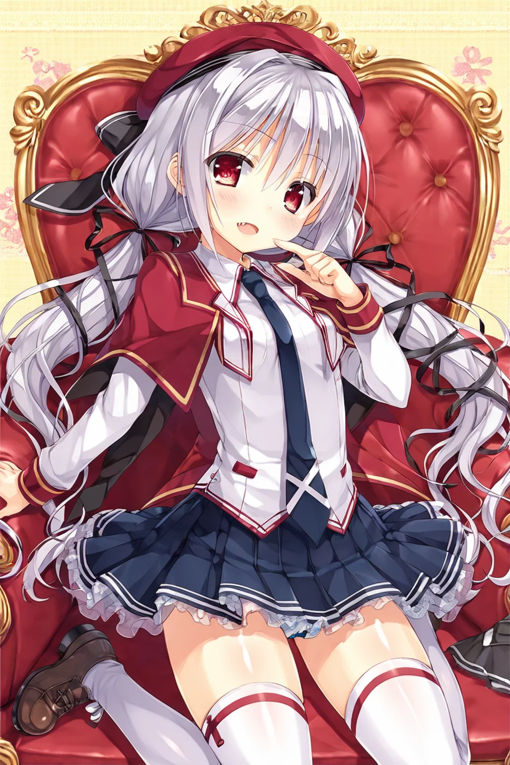 score_9,score_8,1girl,<lora:tenjindaira haruhi:0.7>,tenjindaira haruhi:,
tenjindaira haruhi,white hair,small breasts,hair between eyes,long hair,fang,hair ribbon,very long hair,red eyes,
necktie,thighhighs,skirt,hat,blue necktie,bangs,frills,ribbon,shirt,pleated skirt,black ribbonvest,shoes,white shirt,collared shirt,white skirt,miniskirt,beret,frilled skirt,red headwear,twintails,low twintails,shiny,