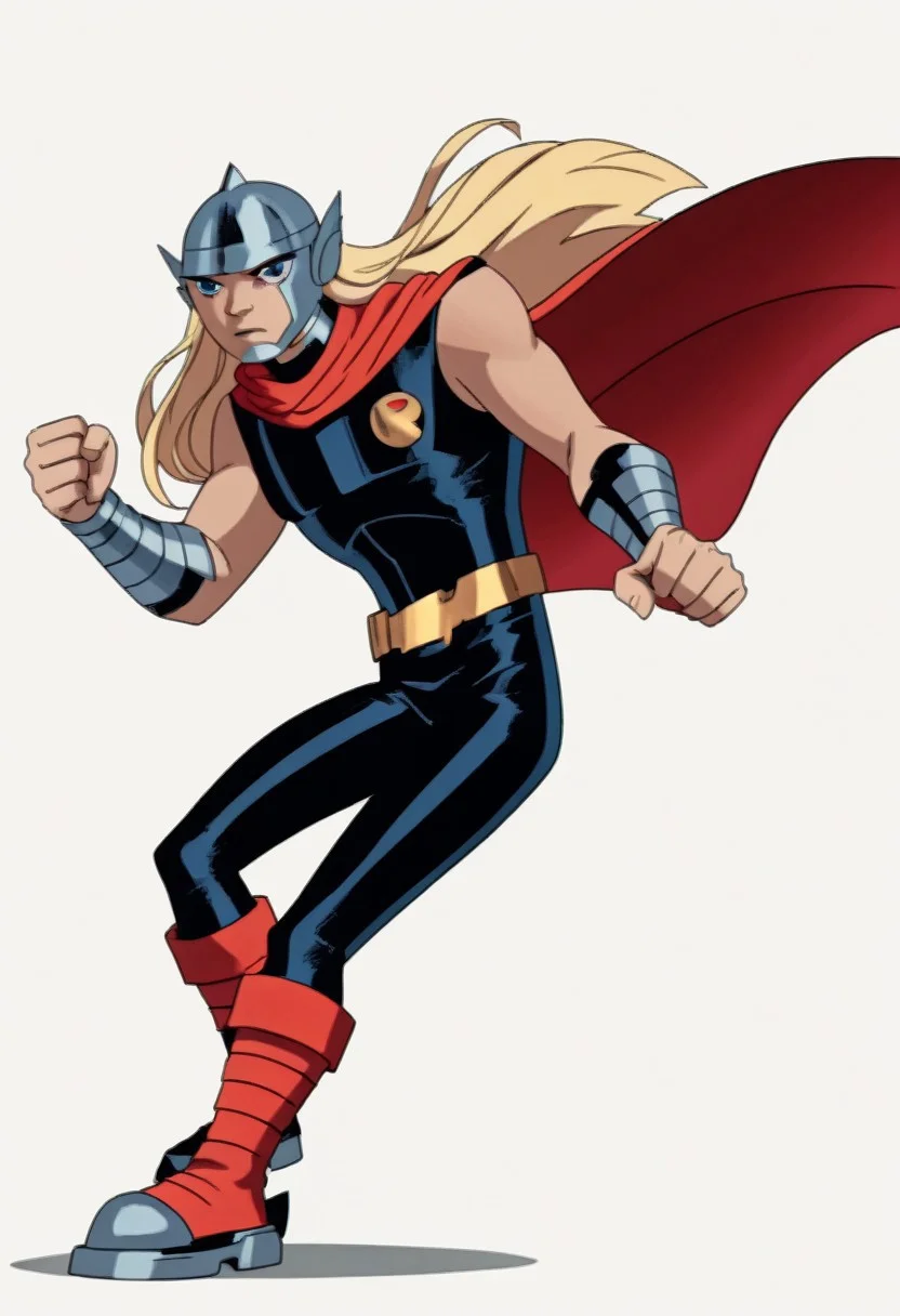 score_9, score_8_up, score_7_up, 2zdxxps, animated screencap, th1or03, blonde hair, long hair, blue eyes, silver metal helmet with wings on side, black bodysuit, sleeveless, metal circles on chest, red cape, red bracelets, golden belt, golden boots, dynamic pose, action pose, ((anime, animated))), simple background, solid white background, full body shot,