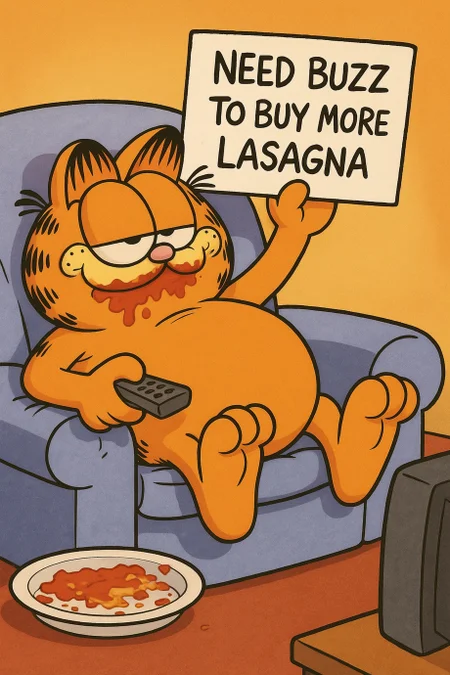Garfield begs Buzz to get more food.