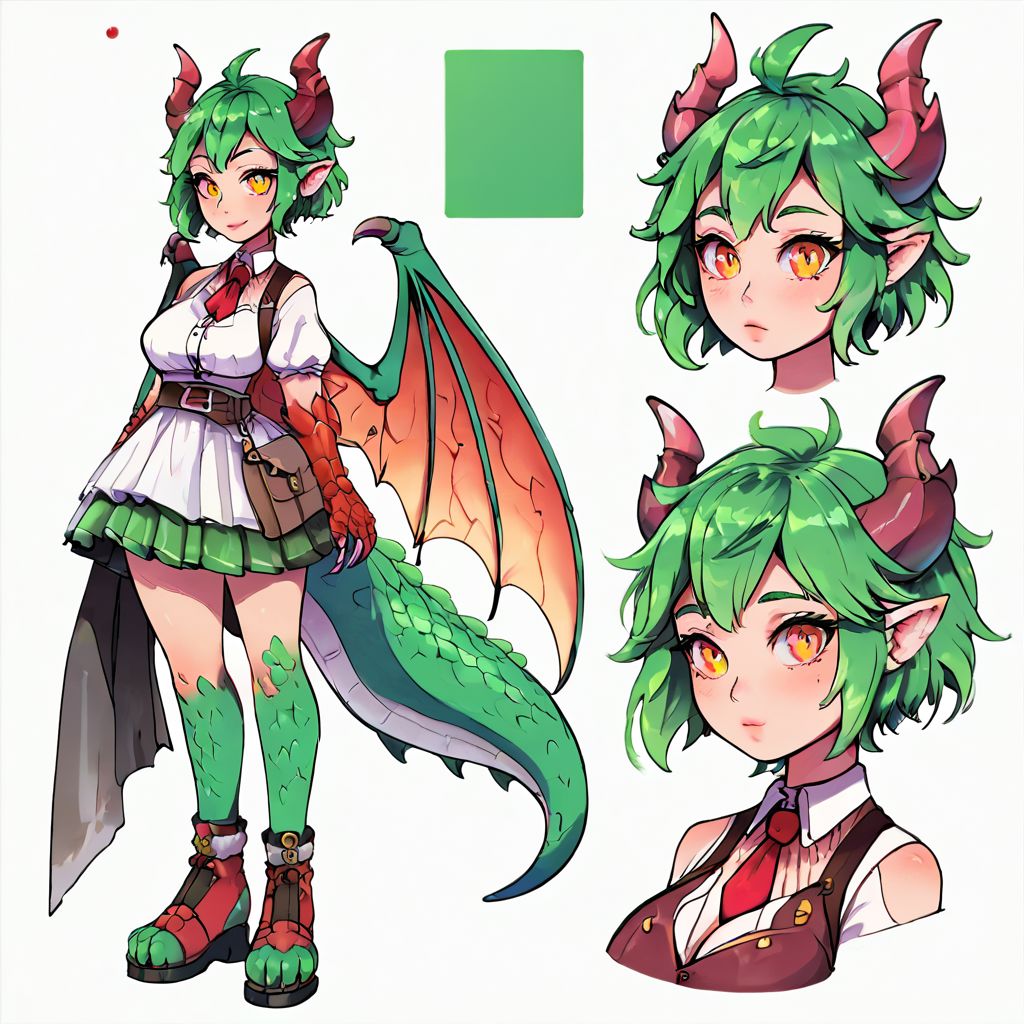 (score_9), (score_8_up), (score_7_up), (score_6_up), (score_5_up), (score_4_up), (masterpiece), <lora:DragonGirl-10:0.8>, CharacterSheet, multiple views, full body, upper body, reference sheet:1, best quality, detailed eyes, 1girl, large breasts, dragongirl, pointy ears, green hair, green eyes, short hair, green dragon wings, green dragon tail, green dragon horn, green dragon claw, green scales, white blouse, red tie, pleated skirt, standing, bare feet