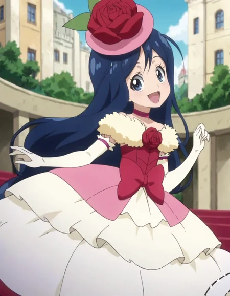 score_9, score_8_up, score_7_up, anime screencap, solo,1girl, oriharatsumugi, gloves, smile, hat, pink headwear, flower, dress, rose, elbow gloves, choker, open mouth, bow, red flower, red rose, pink bow, pantyhose, white gloves, happy, looking at viewer<lora:oriharatsumugi:0.8>