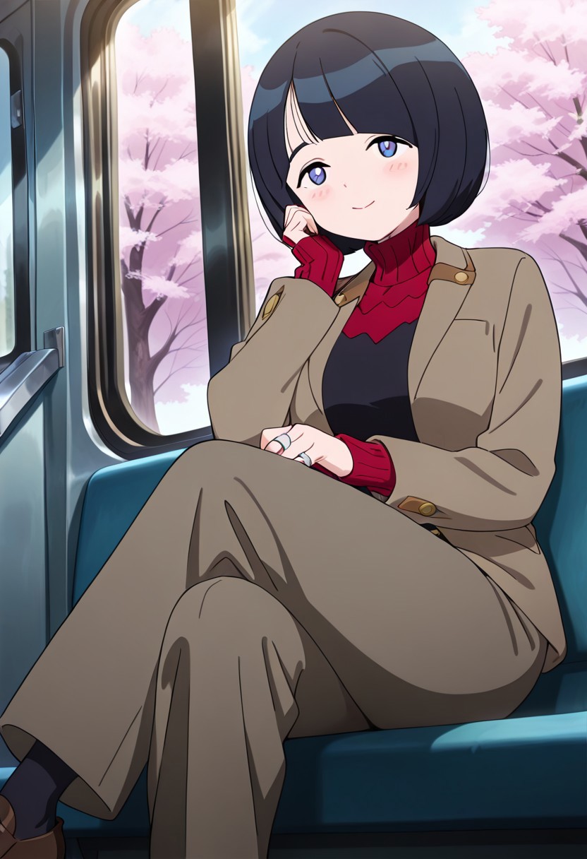 ((masterpiece, absurdres)), best quality, amazing quality, newest, 4k, anime coloring, very aesthetic, ray tracing,explode light, Smooth Quality, CG, mamamajo, 1 female, bob head, blue eyes, blush, turtleneck clothes, coat,pants,belt, ring,loafers, sitting,sakura tree
